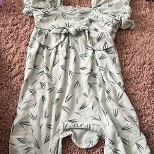 Gray and Green Botanical Bodysuit with Ruffled Neckline